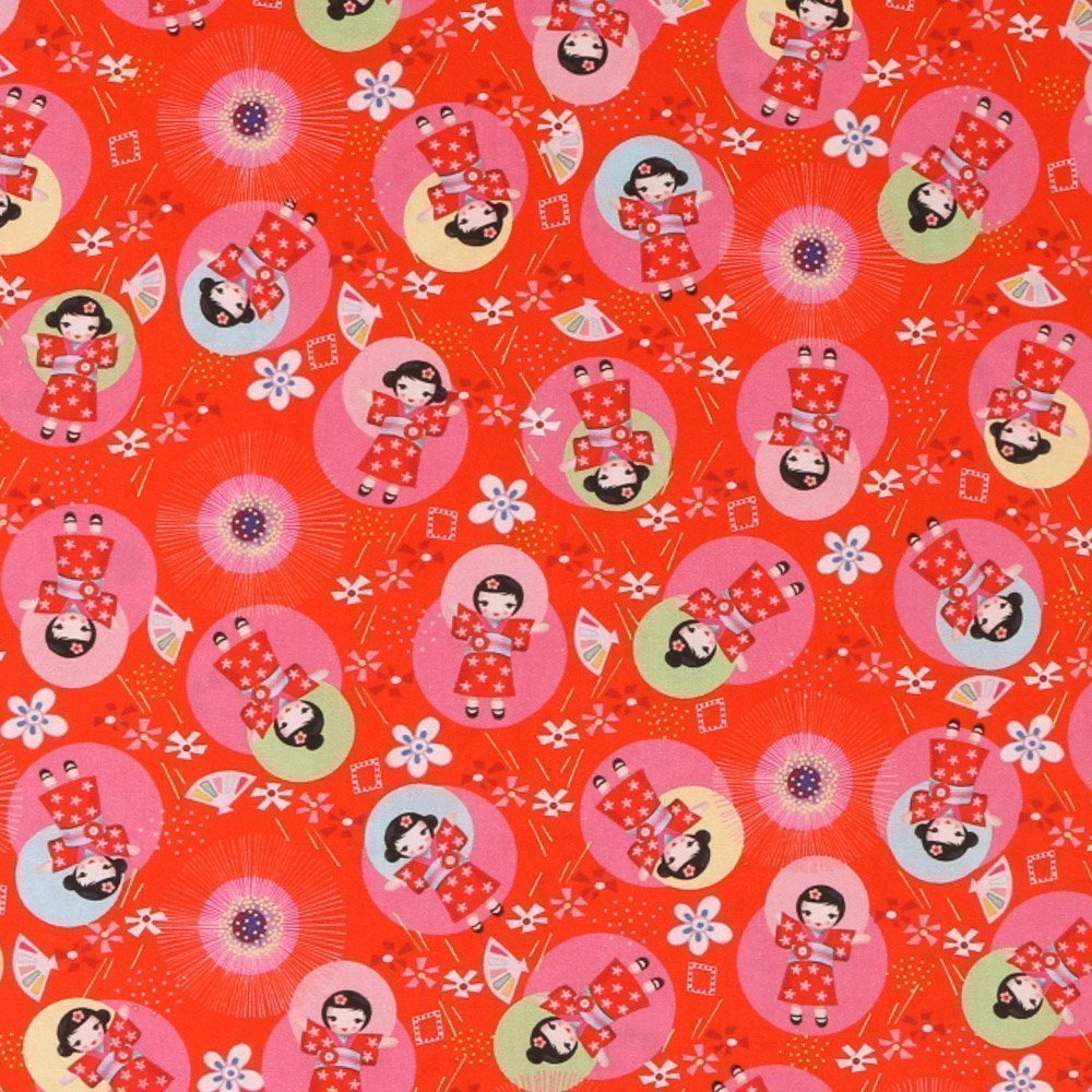 Tissu Coton Imprime LittleBird Poupees Kokeshi Rouges sur fond Vermillon
