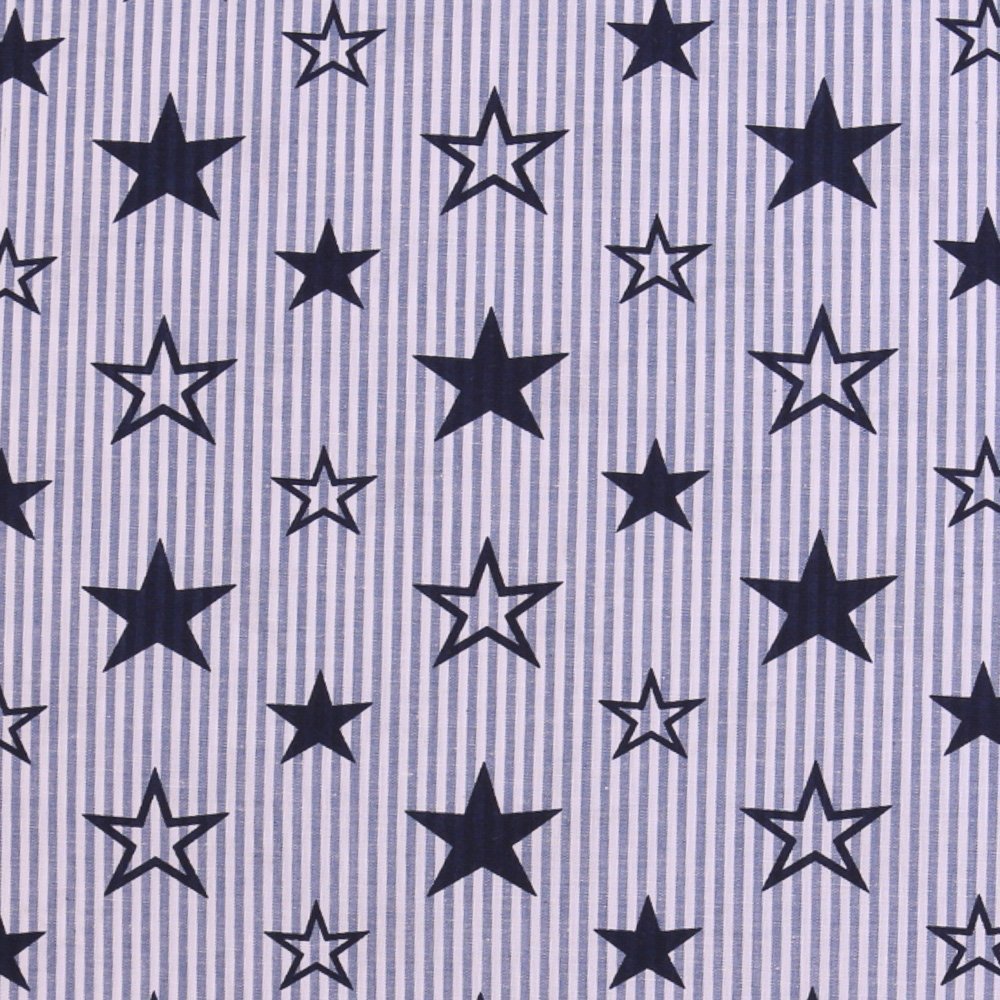 Tissu Vichy Rayures Bleues et Impressions Etoiles sur fond Blanc