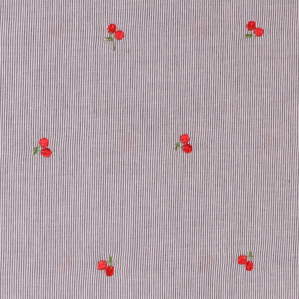 Tissu Vichy Fines Rayures Bleu Marine et Cerises Brodées sur fond Blanc