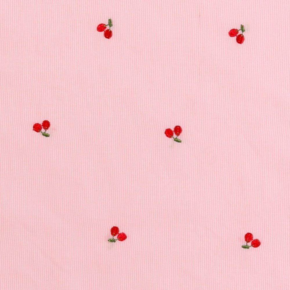 Tissu Vichy Fines Rayures Roses et Cerises Brodées sur fond Blanc