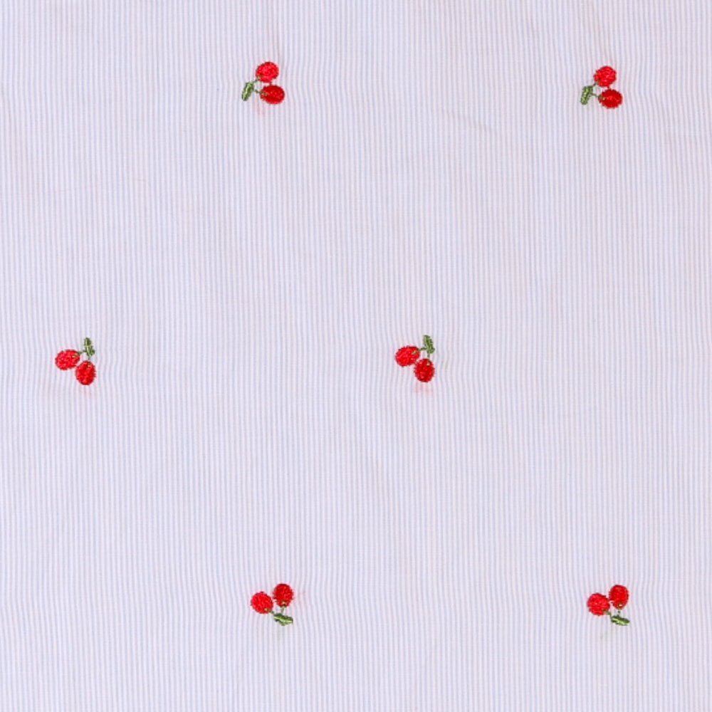 Tissu Vichy Fines Rayures Bleu Ciel et Cerises Brodées sur fond Blanc