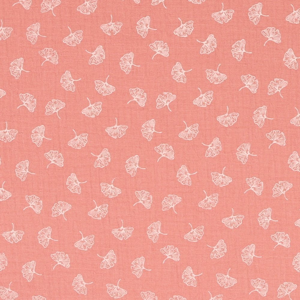 Tissu Double Gaze Feuille de Ginko Blanches sur fond Saumon