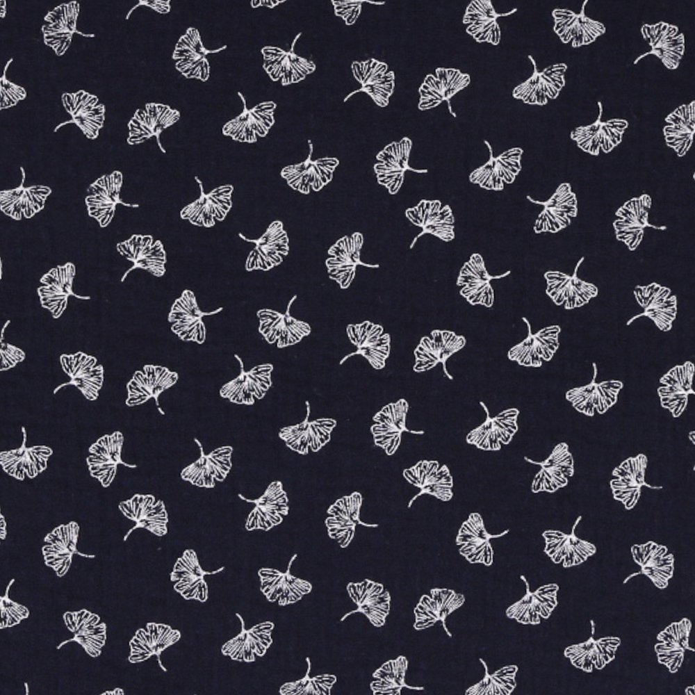 Tissu Double Gaze Feuille de Ginko Blanches sur fond Bleu Marine
