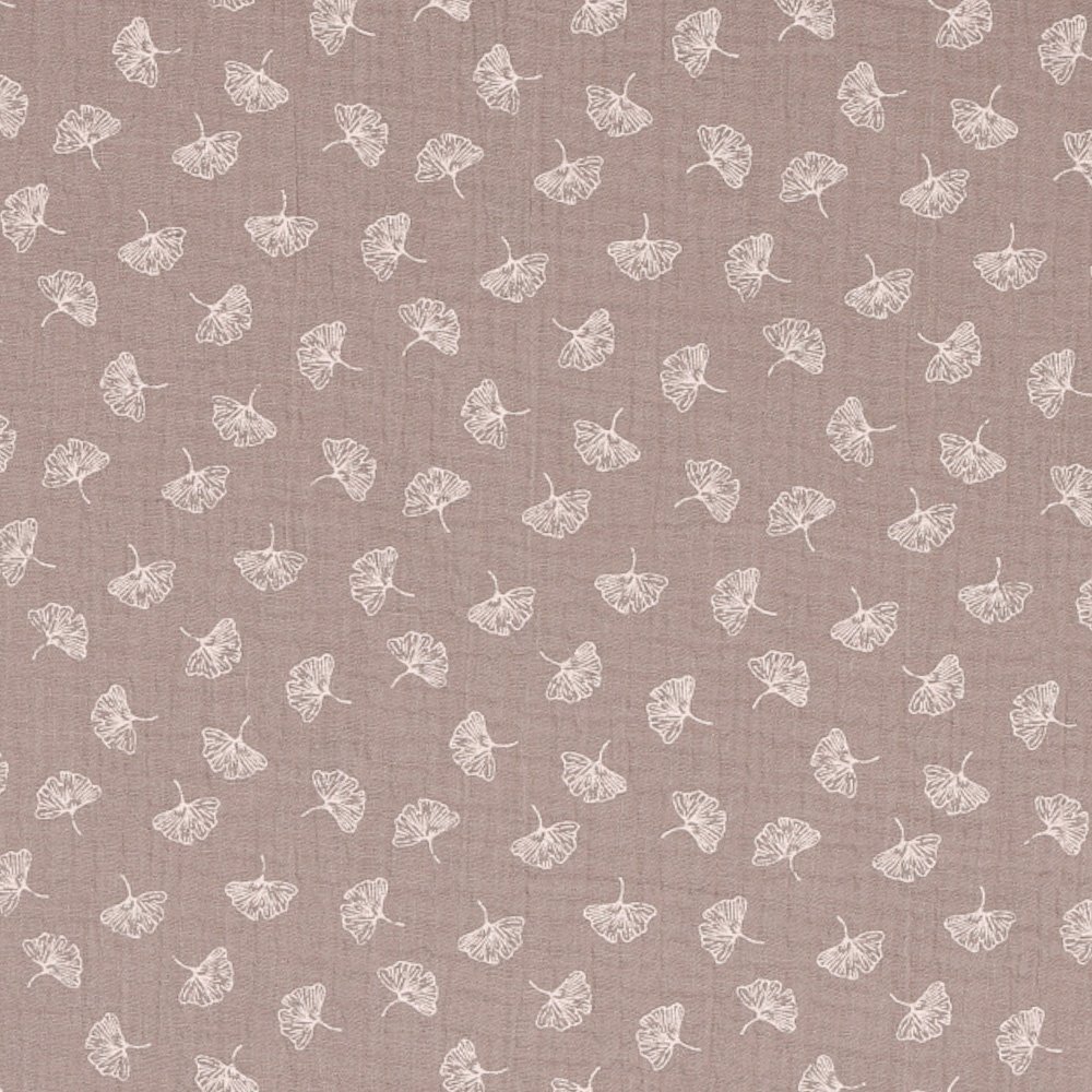 Tissu Double Gaze Feuille de Ginko Blanches sur fond Gris