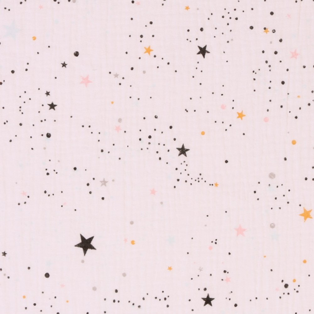 Tissu Double Gaze Galaxy Etoiles Mutlicolores sur fond Blanc