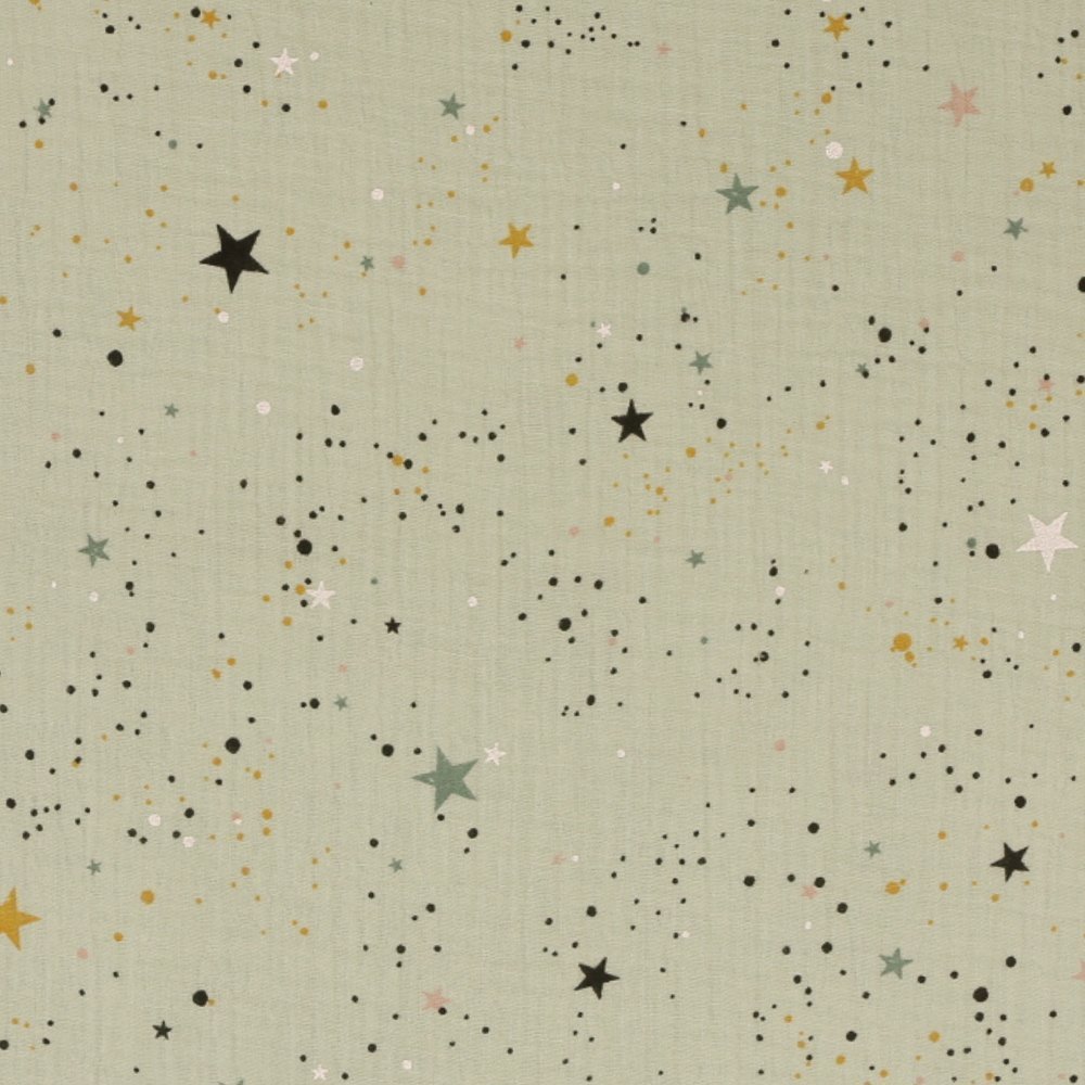 Tissu Double Gaze Galaxy Etoiles Mutlicolores sur fond Vert