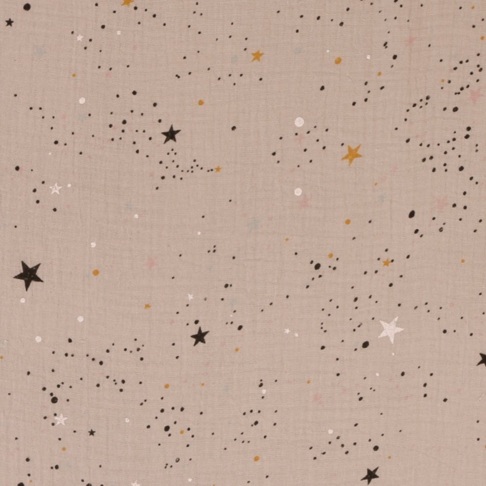 Tissu Double Gaze Galaxy Etoiles Mutlicolores sur fond Gris Clair