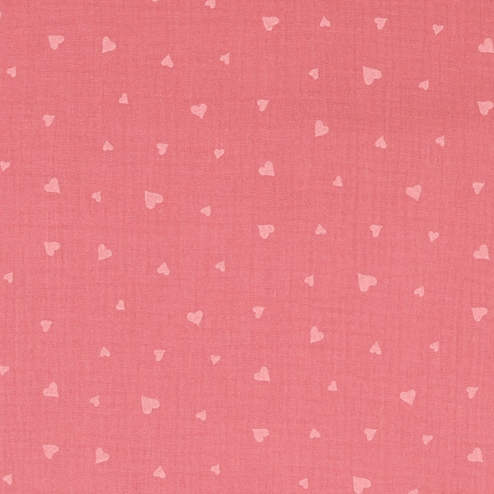 Tissu Double Gaze Petits Coeurs Rose Clair sur fond Vieux Rose