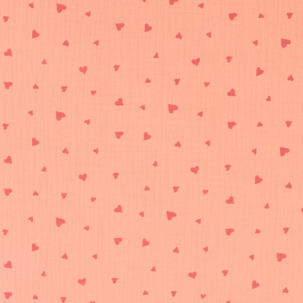Tissu Double Gaze Petits Coeurs Rose sur fond Saumon