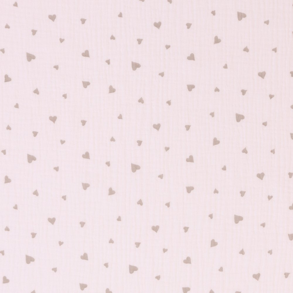 Tissu Double Gaze Petits Coeurs Gris sur fond Blanc