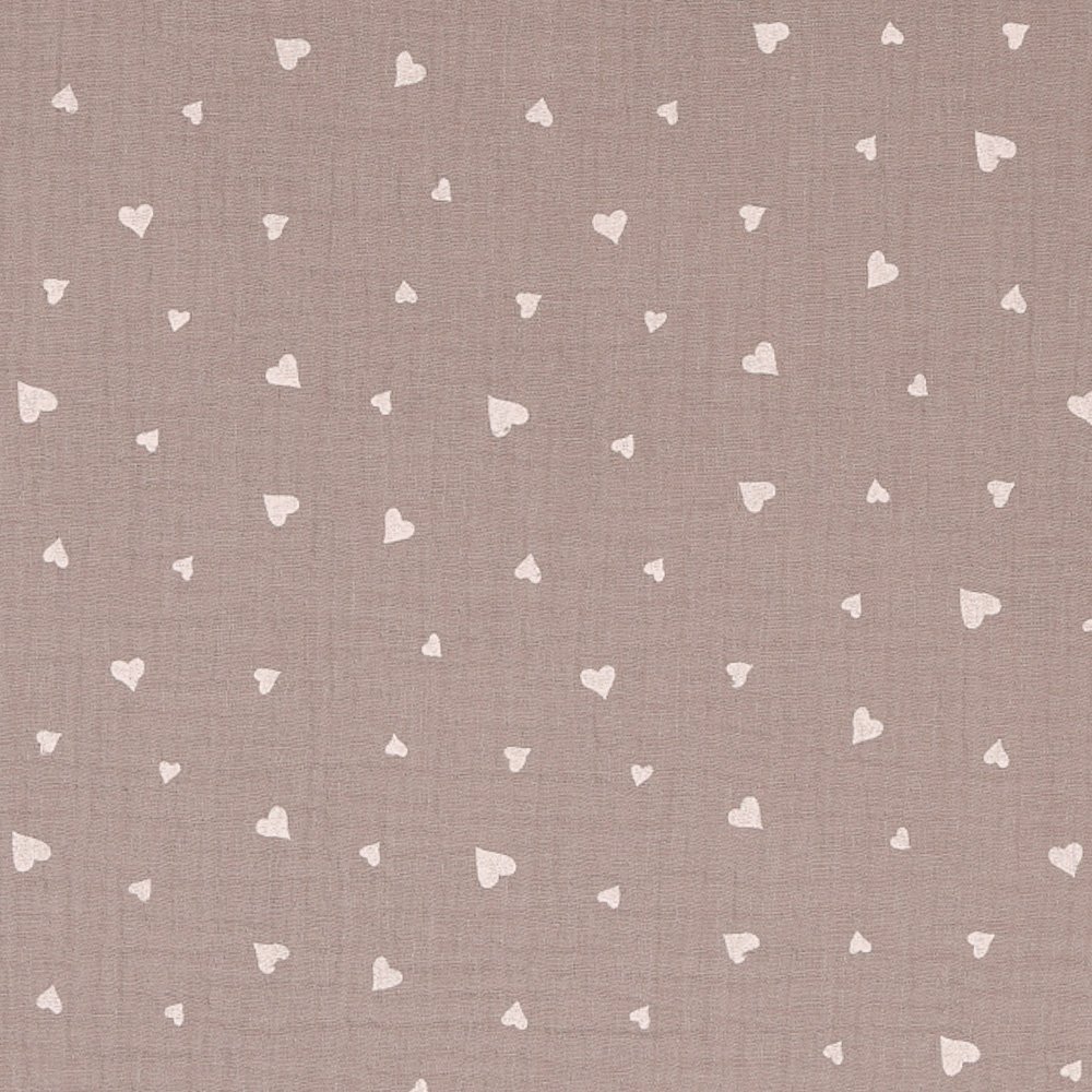 Tissu Double Gaze Petits Coeurs Blancs sur fond Gris
