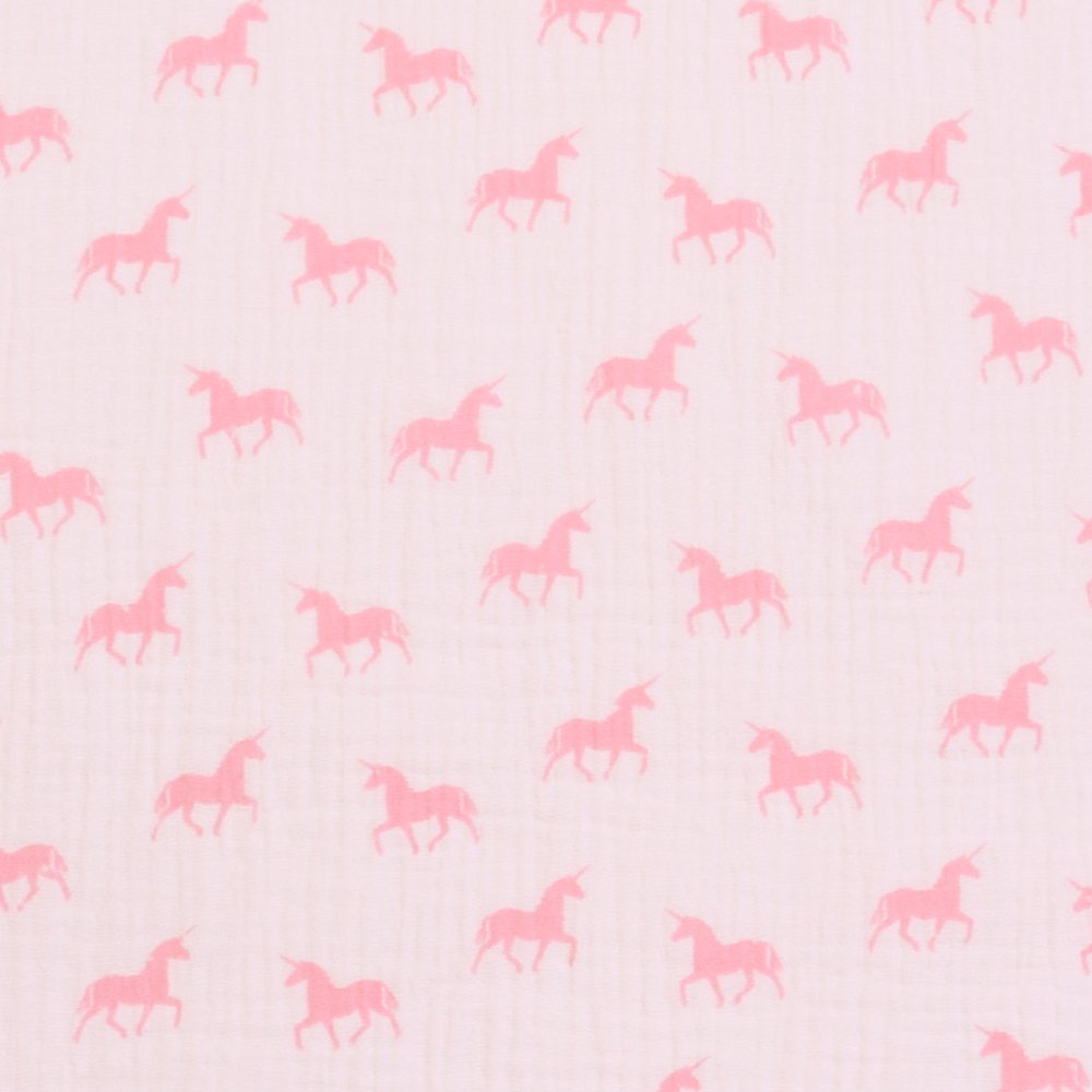 Tissu Double Gaze Licornes Roses sur fond Blanc