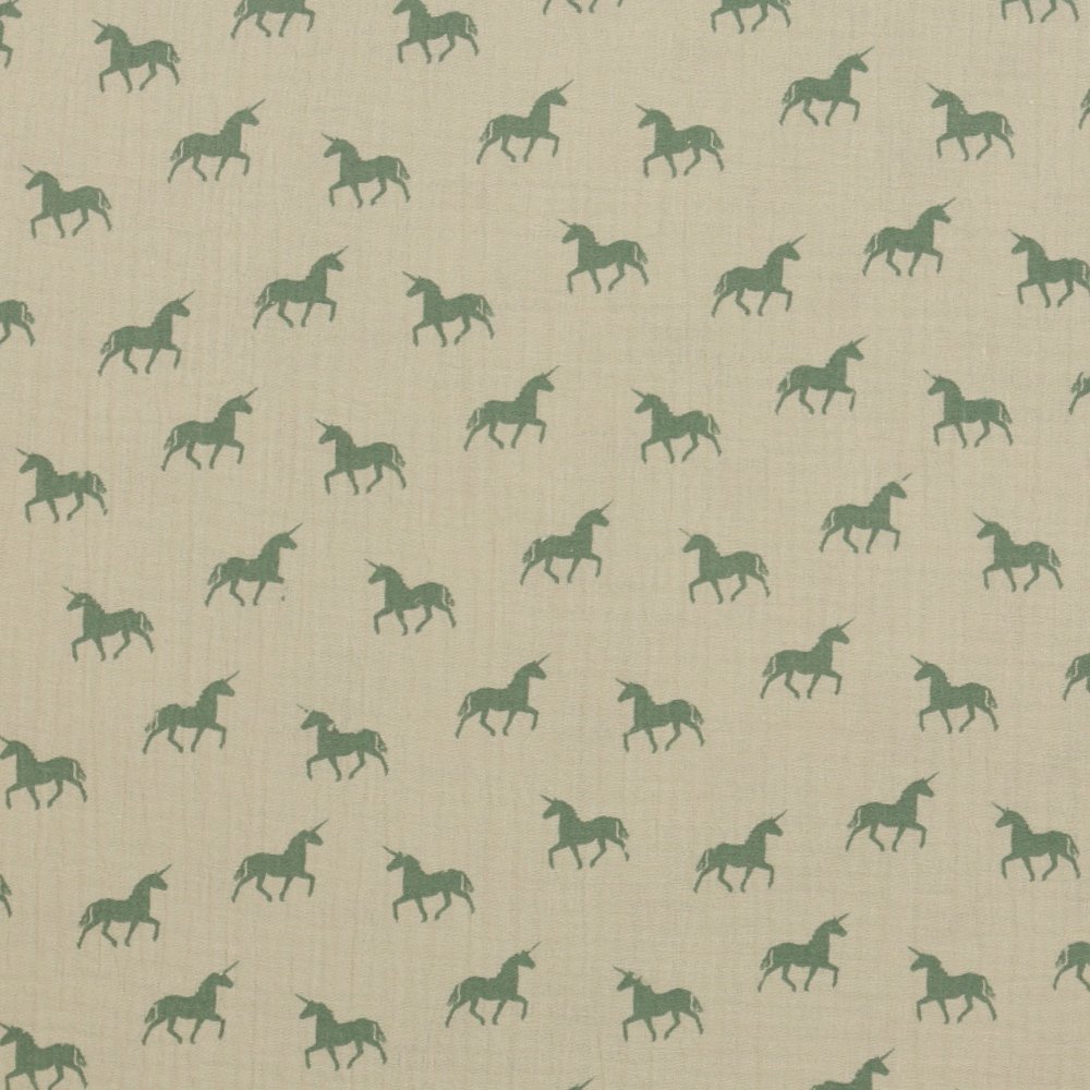 Tissu Double Gaze Licornes Vert Foncé sur fond Vert