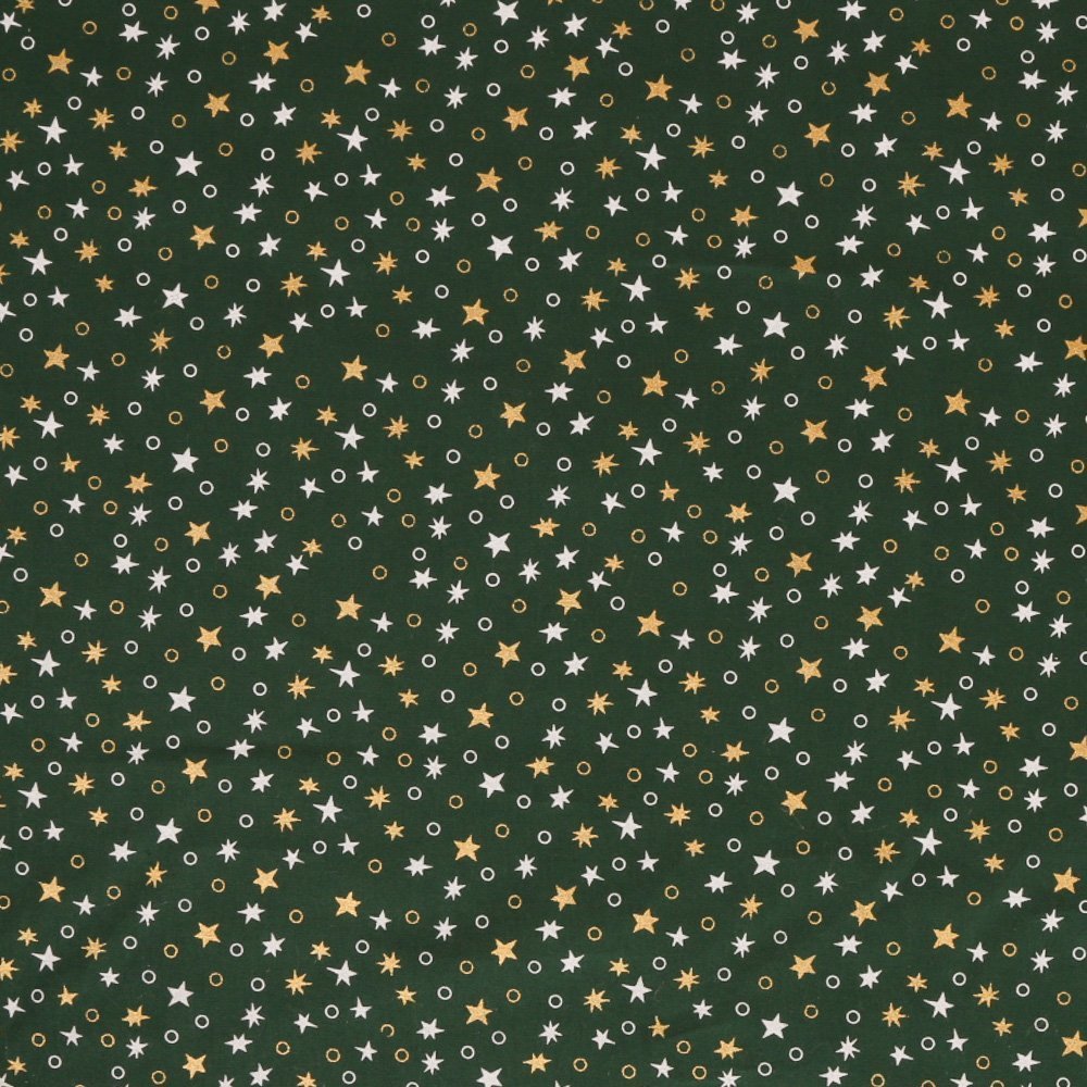 Tissu Coton Imprimés Etoiles et cercles Blancs et or sur fond Vert sapin