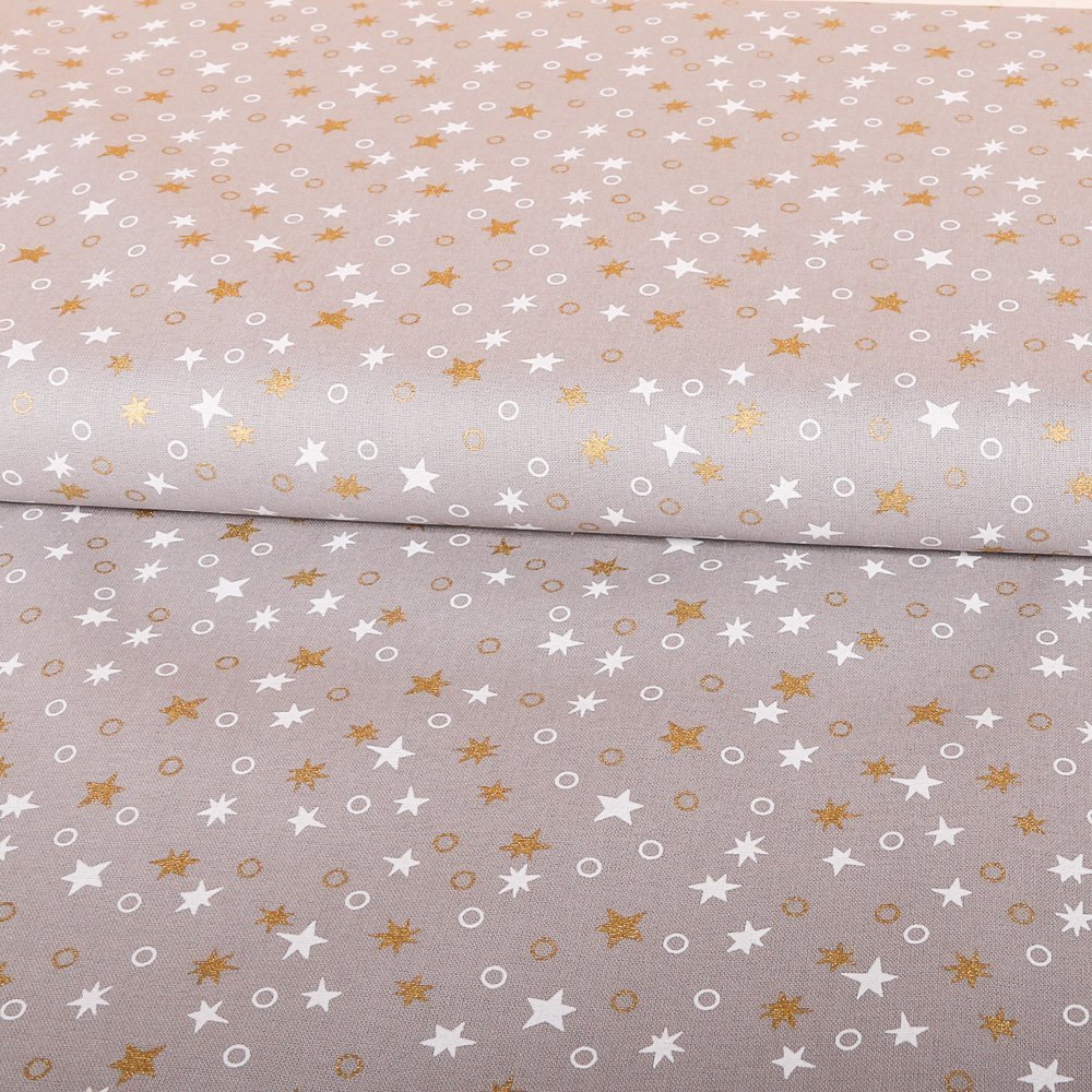 Tissu Coton Imprimés Etoiles et cercles Blancs et or sur fond Gris pierre