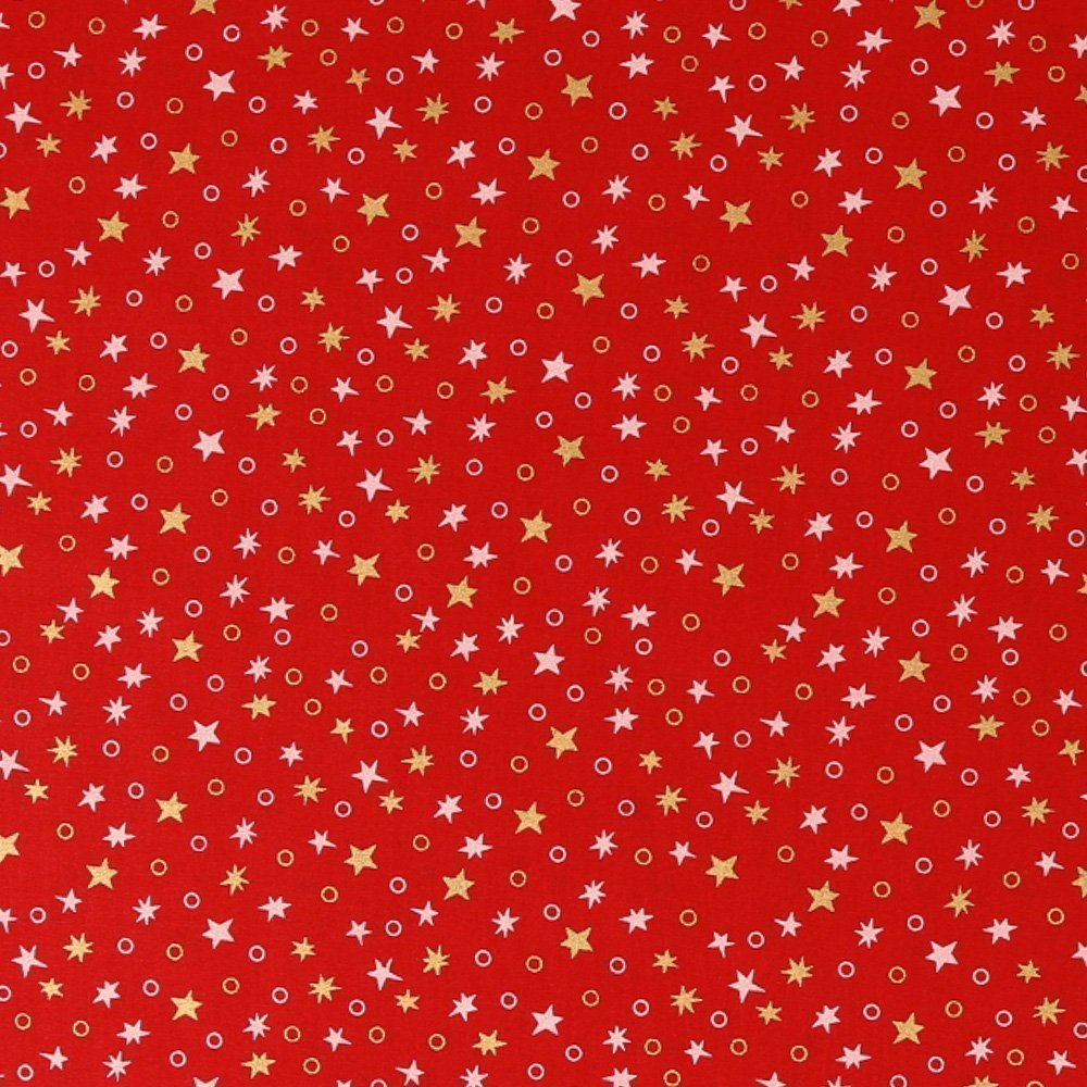 Tissu Coton Imprimés Etoiles et cercles Blancs et or sur fond Rouge