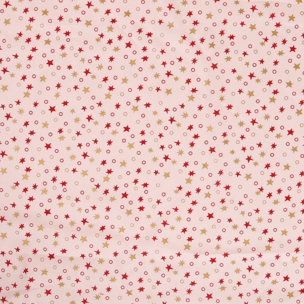 Tissu Coton Imprimés Etoiles et cercles Rouges et or sur fond Blanc