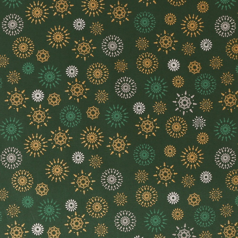Tissu Coton Imprimés Flocons de neige Or et argent sur fond Vert sapin