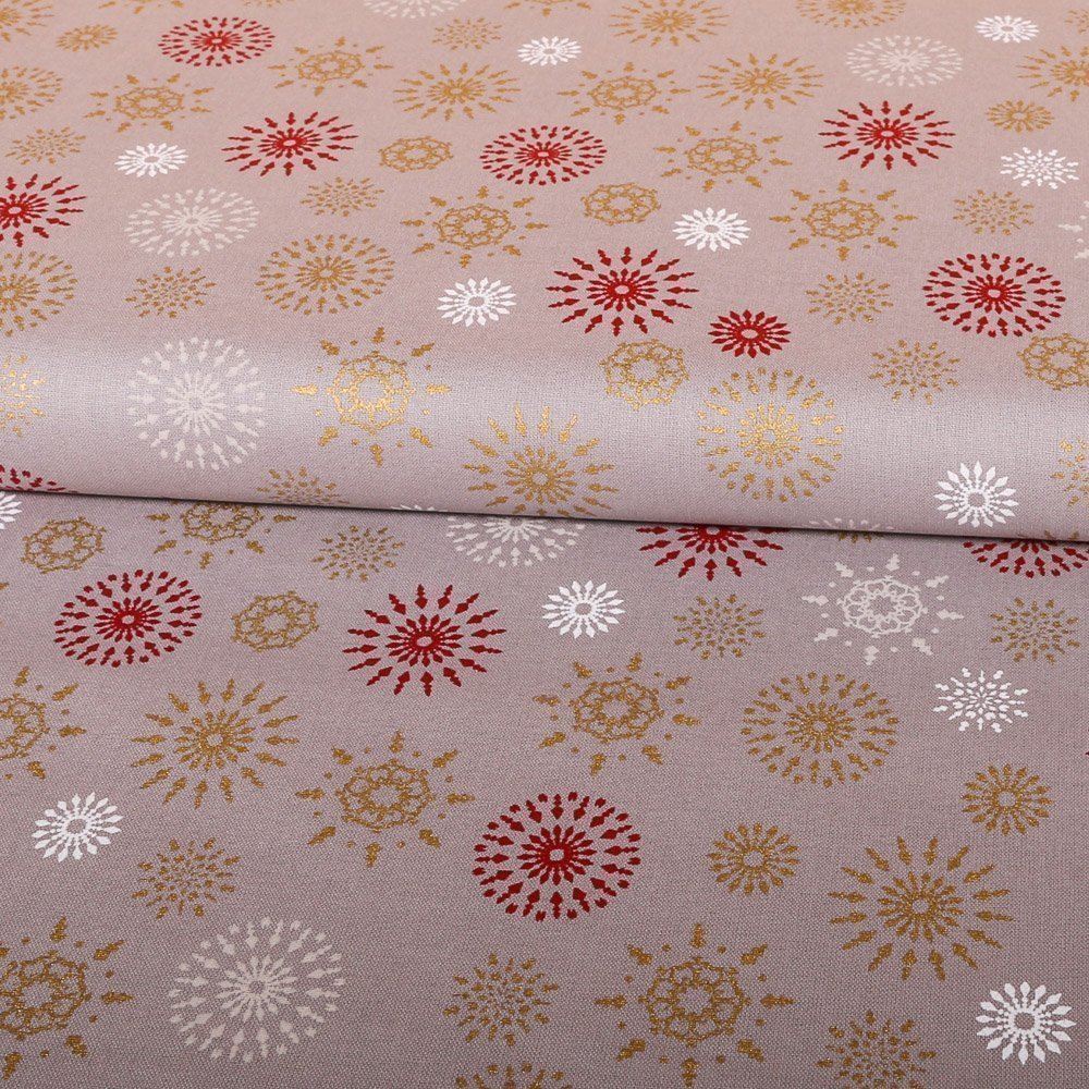 Tissu Coton Imprimés Soleils ethnique Rouge et or sur fond Gris pierre