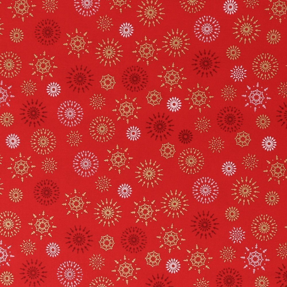 Tissu Coton Imprimés Flocons de neige Or et argent sur fond Rouge