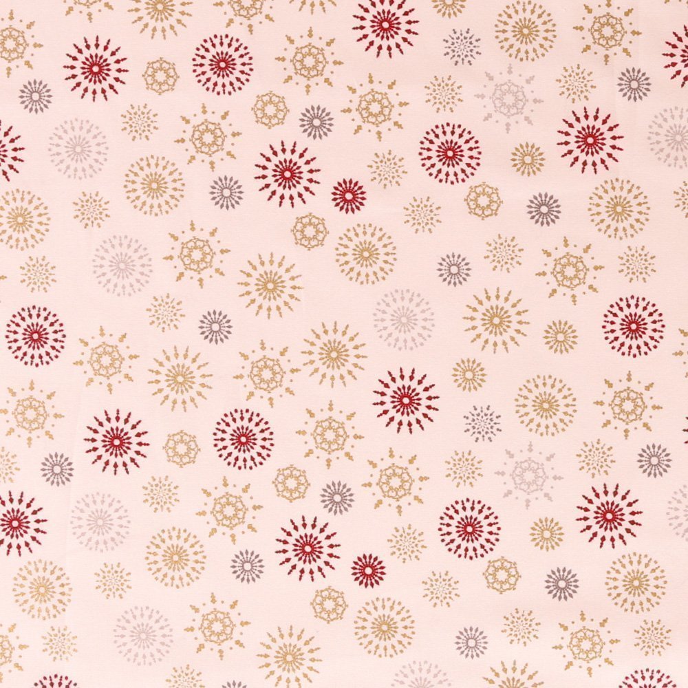Tissu Coton Imprimés Flocons de neige Or, argent et rouge sur fond Ecru