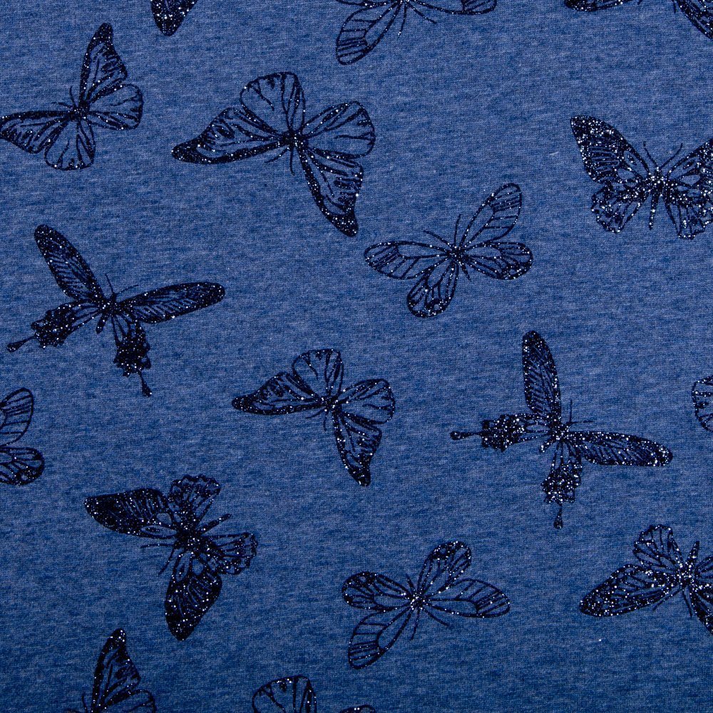Tissu Sweat Envers Minky Bleu jean chiné Papillons à paillettes Noirs