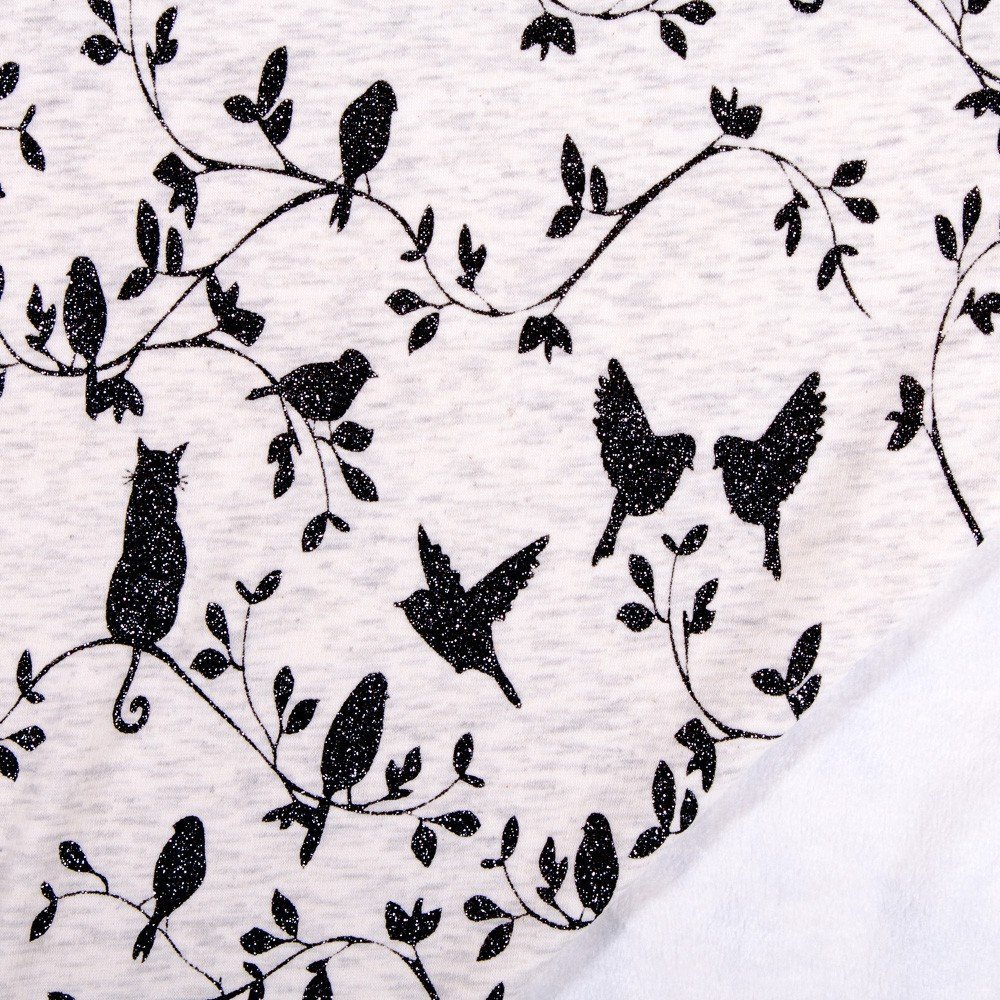 Tissu Sweat Envers Minky Gris chiné clair Oiseaux et chats à paillettes Noirs