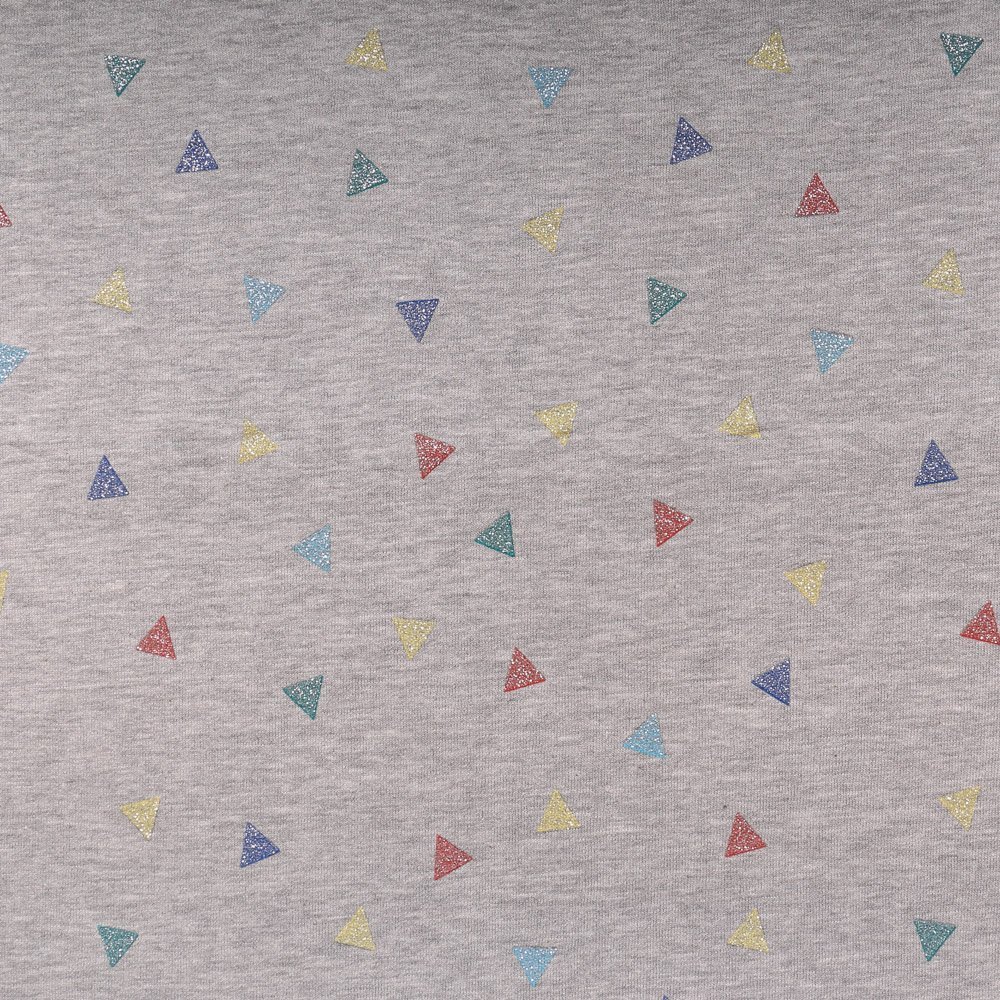 Tissu Sweat Triangles Glitter Multicolore sur fond Gris chiné