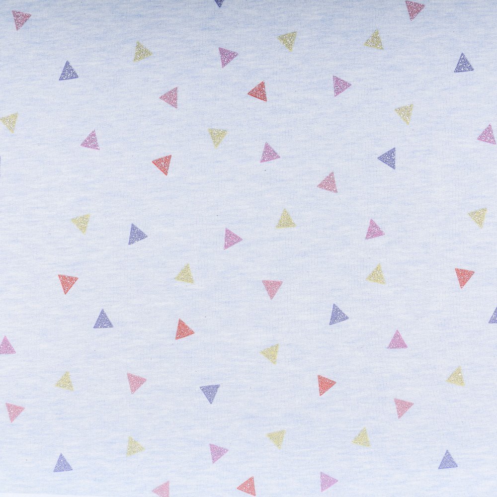Tissu Sweat Triangles Glitter Multicolore sur fond Bleu clair chiné