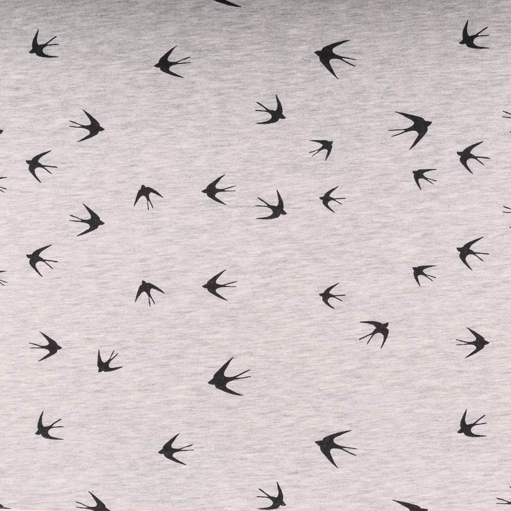 Tissu Sweat Oiseaux Noirs sur fond Gris chiné