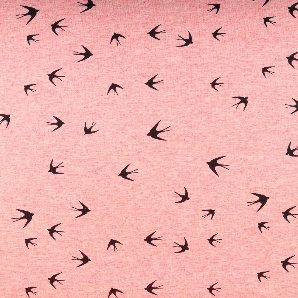 Tissu Sweat Oiseaux Noirs sur fond Rose chiné