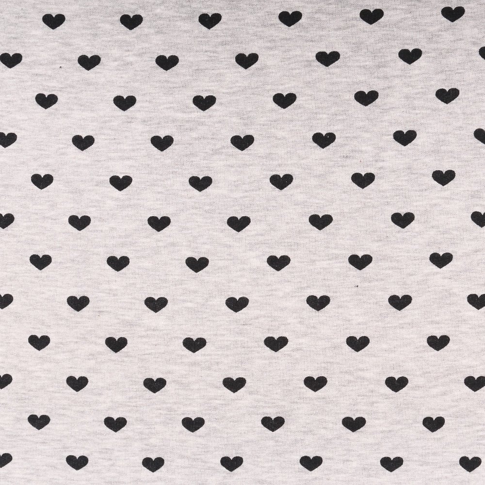 Tissu Sweat Coeurs Noirs sur fond Gris clair chiné