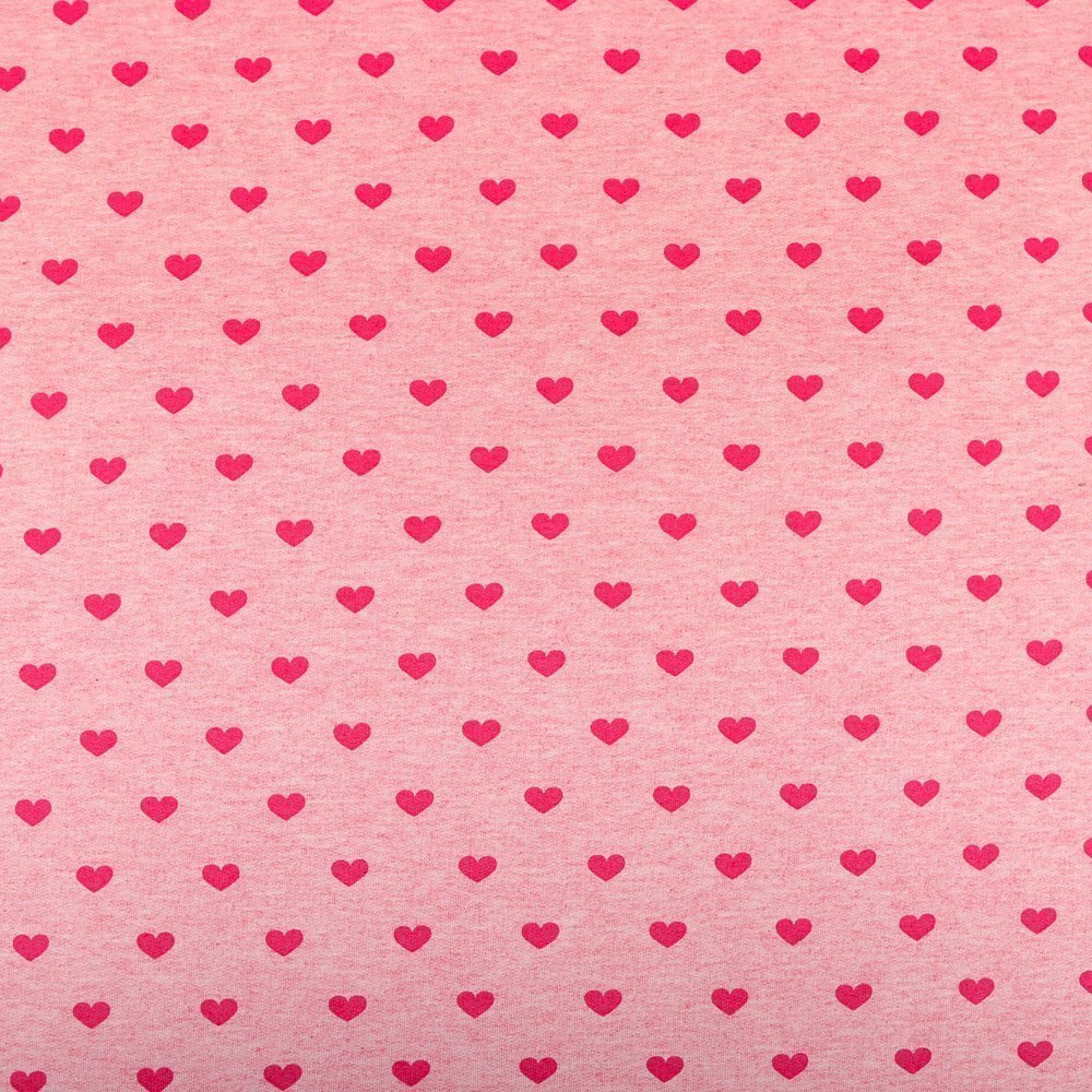 Tissu Sweat Coeurs Fuschia sur fond Rose chiné