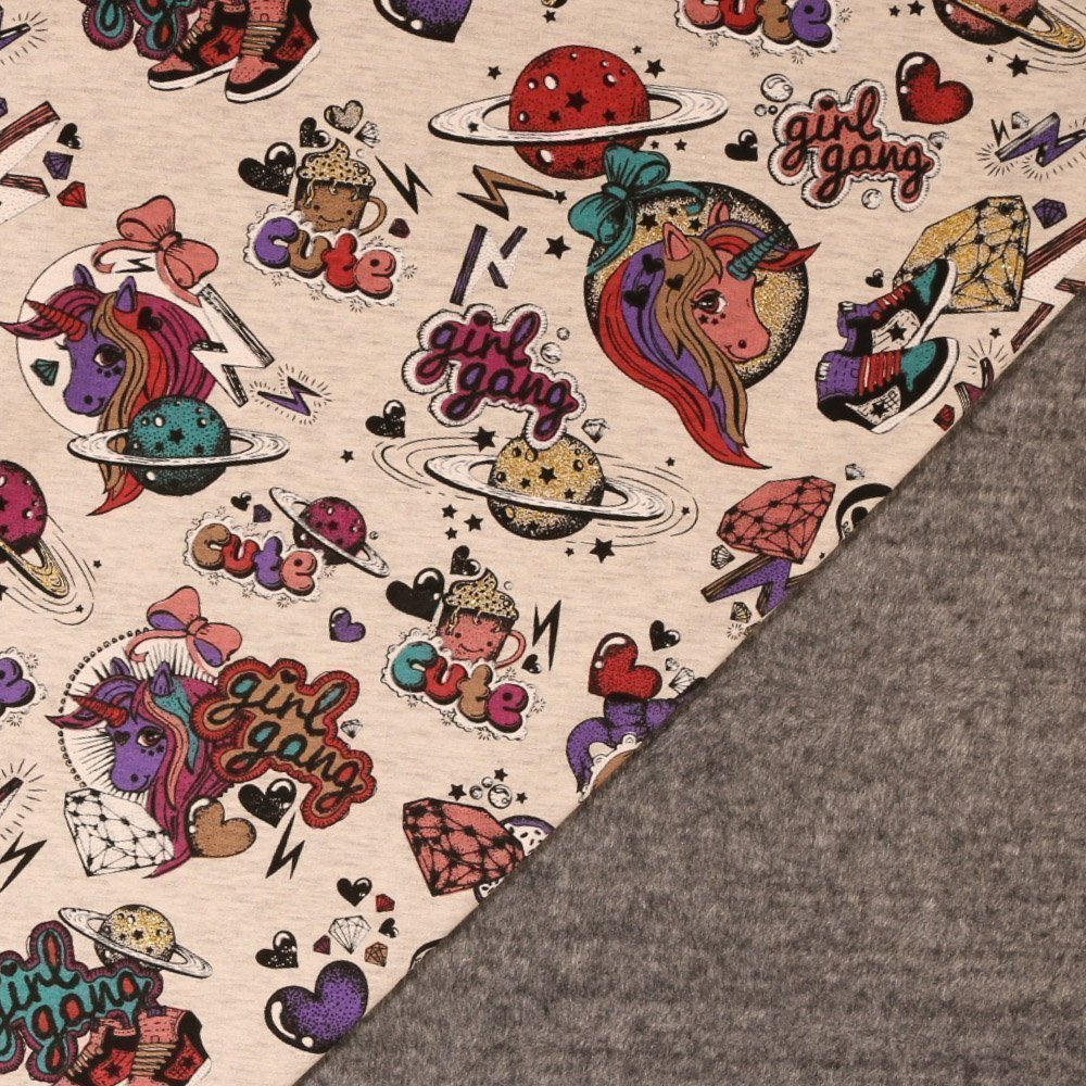 Tissu Sweat envers Minky Stickers Girly Gang Poneys et Paillettes sur fond Gris Chiné
