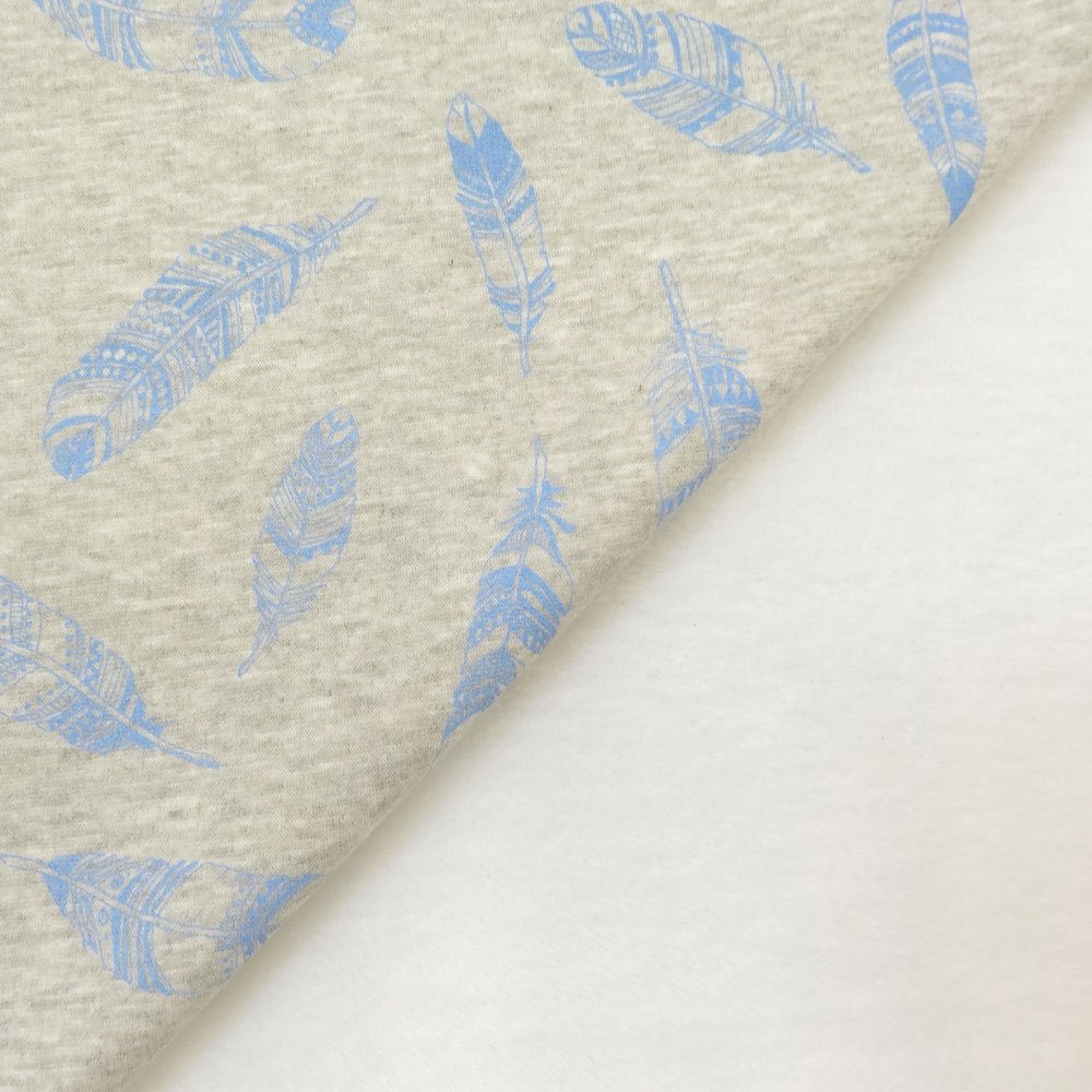 Tissu Sweat envers minky Gris blanc chiné Plumes Bleu dragée