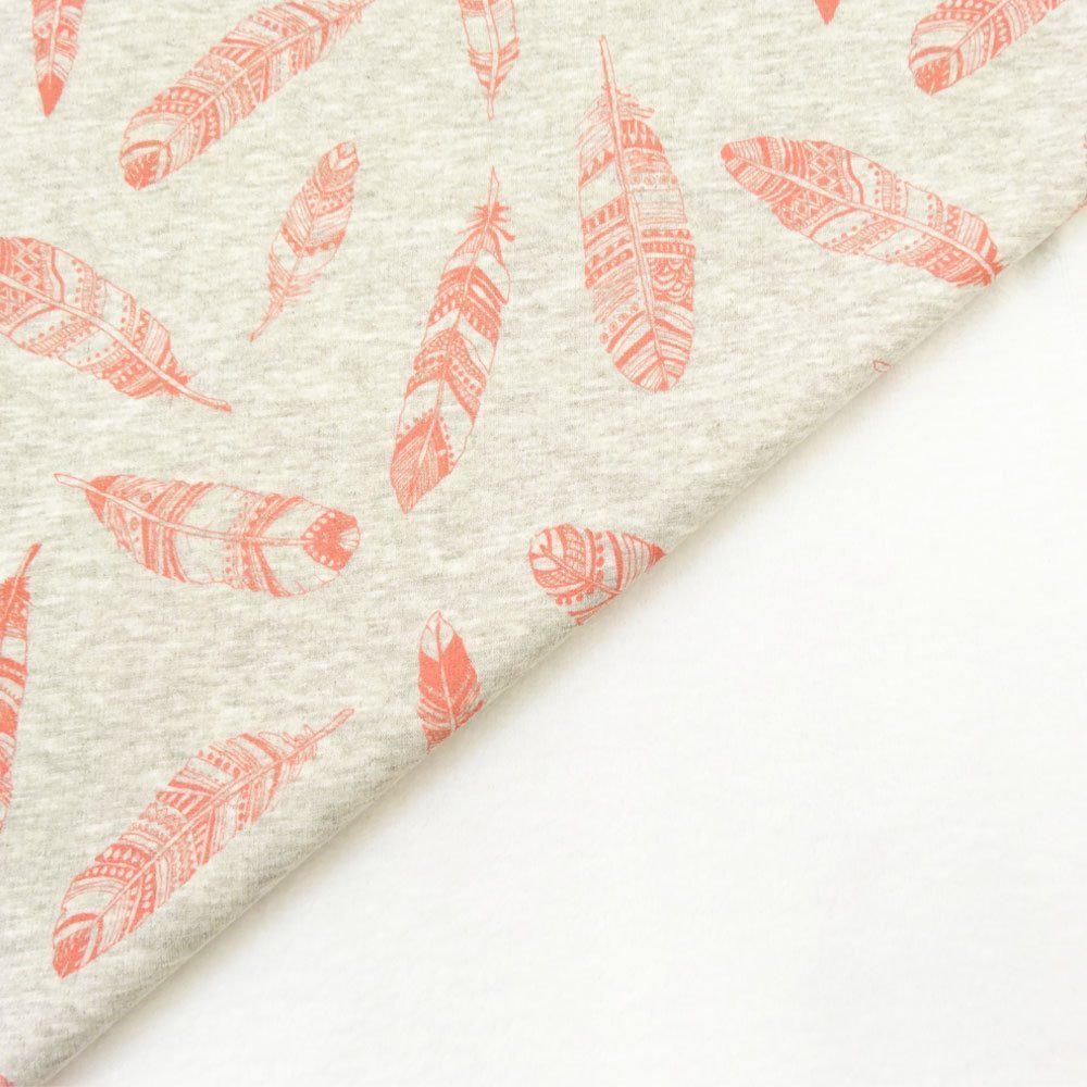 Tissu Sweat envers minky Gris blanc chiné Plumes Corail