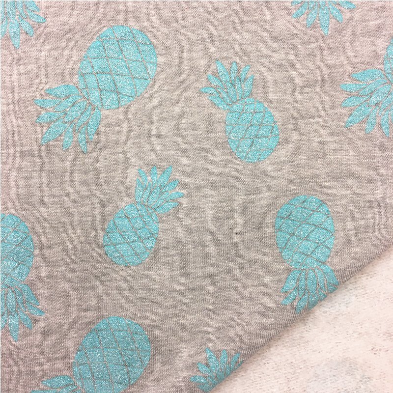 Tissu Sweat Gris clair chiné Ananas bleus clairs à paillettes