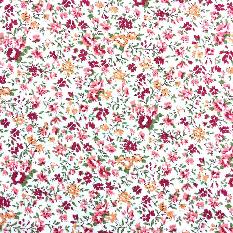 Tissu Coton imprimé Blanc Fleurs Rouges et Oranges
