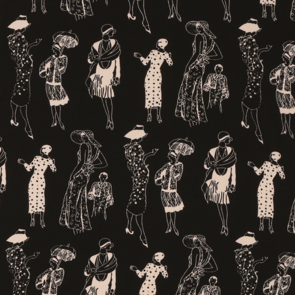 Tissu Mousseline Gravures de Mode Vintage Femmes en Blanc sur fond Noir