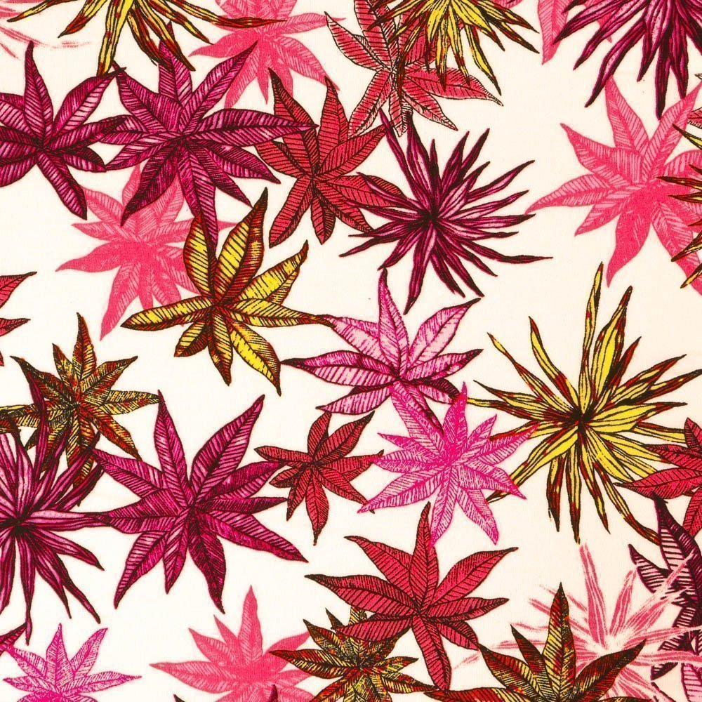 Tissu Viscose légère Blanc Feuilles Roses et fuschia