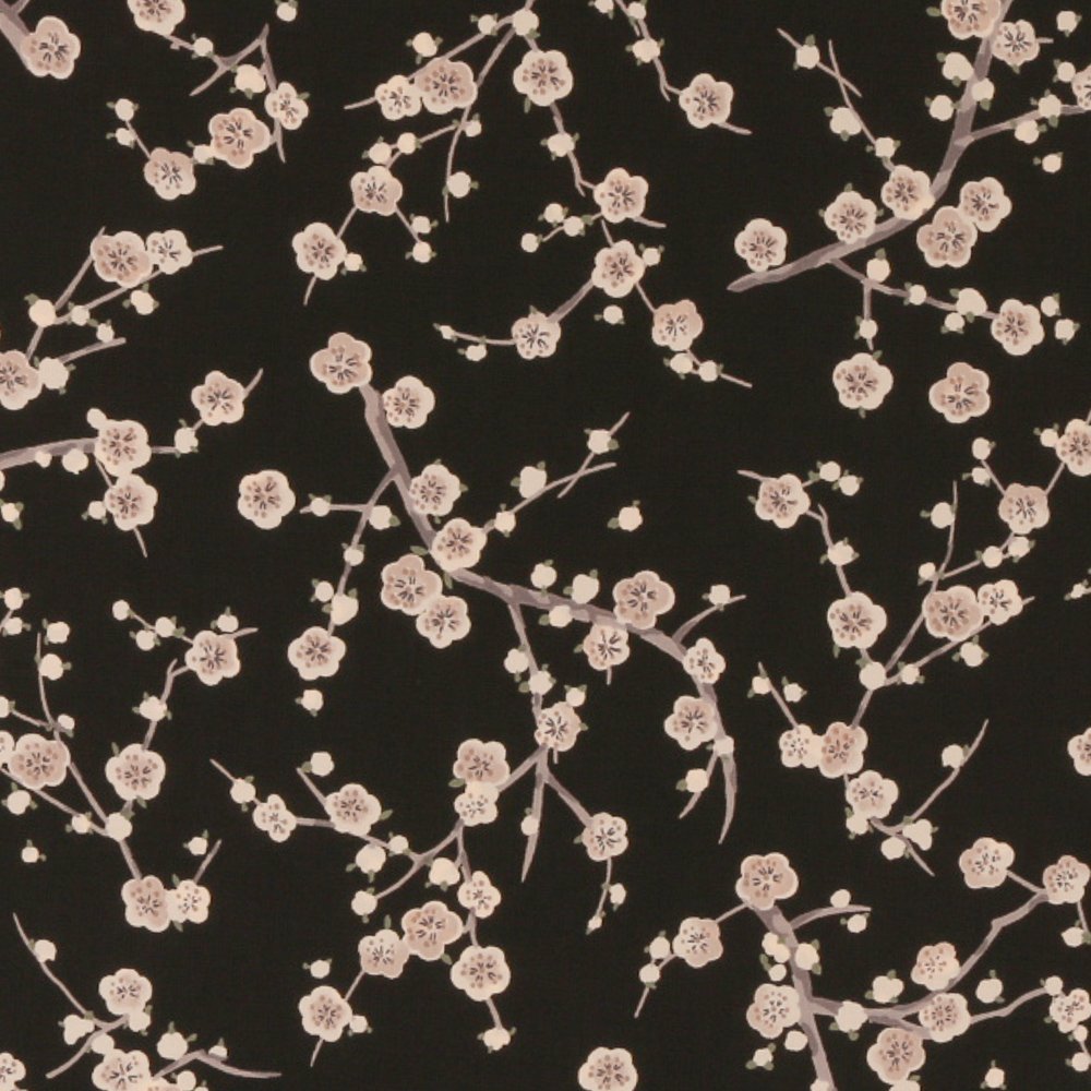 Tissu Satiné Fleurs de Cerisier Ecrues sur fond Noir