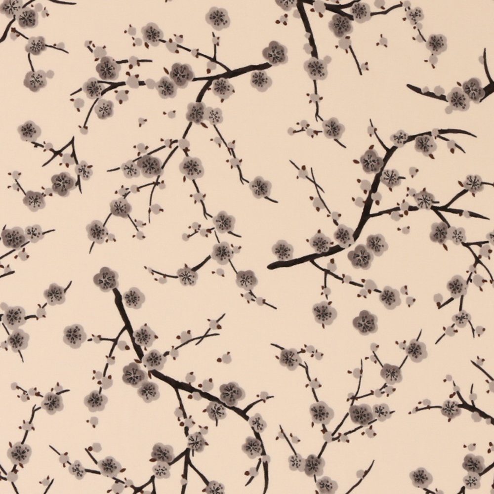 Tissu Satiné Fleurs de Cerisier Grises sur fond Ecru
