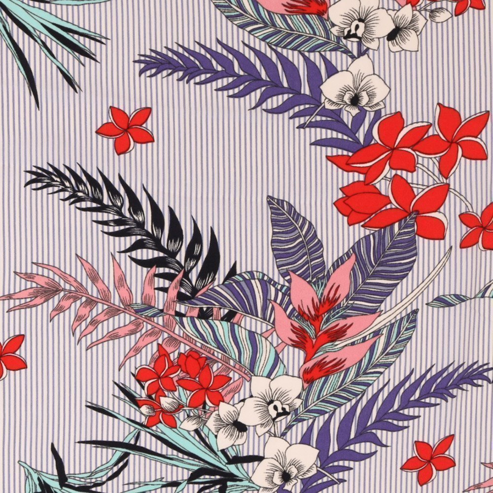 Tissu Viscose Fines Rayures Bleues et Fleurs Exotiques sur fond Blanc