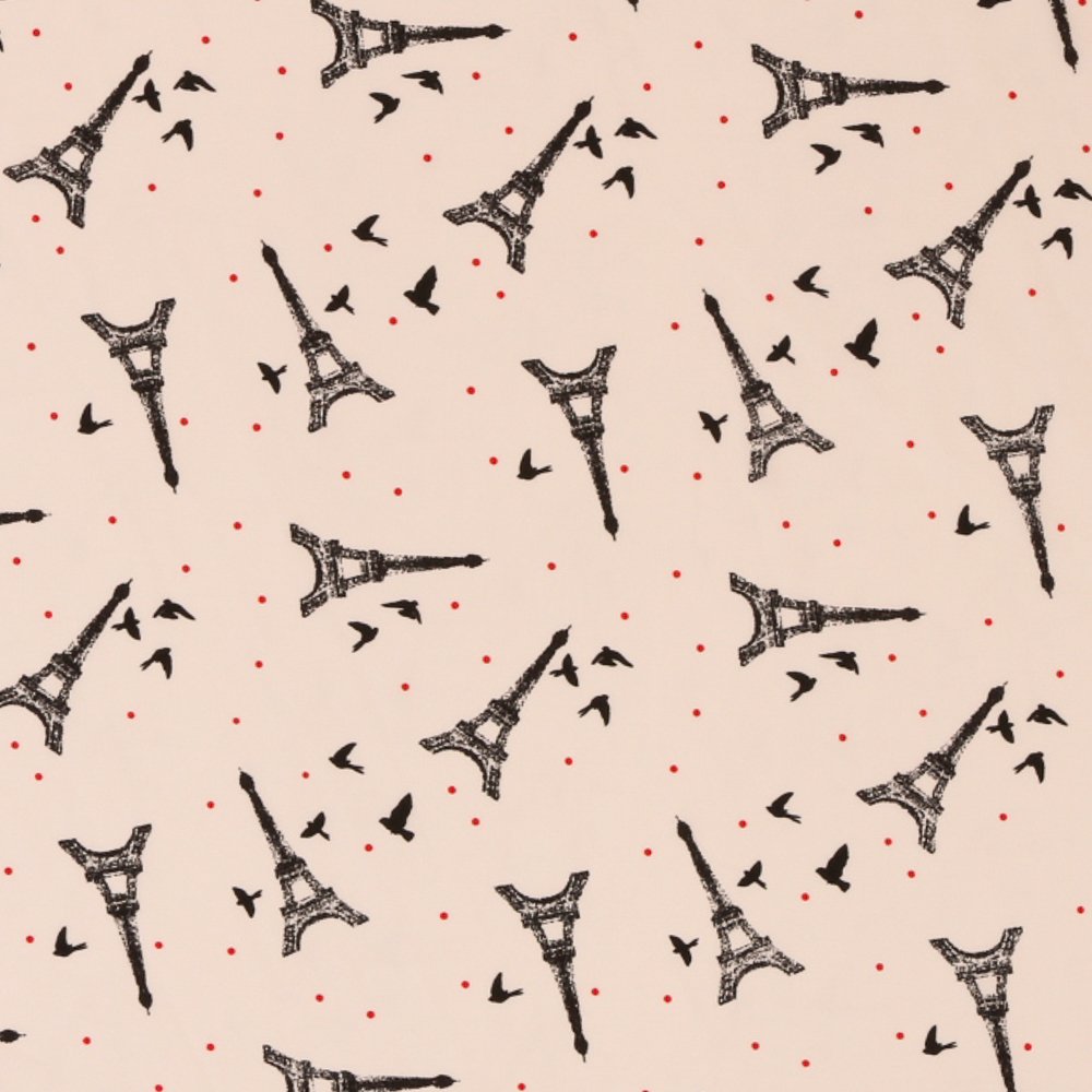 Tissu Satiné Petits Pois Rouges et Tours Eiffel Noires sur fond Ecru