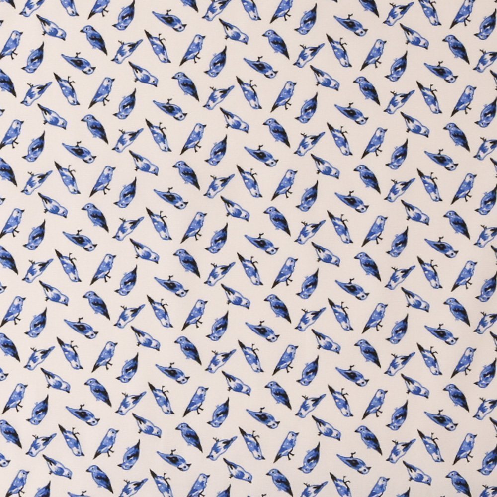 Tissu Coton Imprimé LittleBird Oiseaux Bleus sur fond Ecru