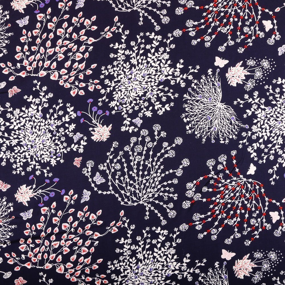 Tissu Viscose Imprimé Fleuris Rouge et blancs sur fond Marine