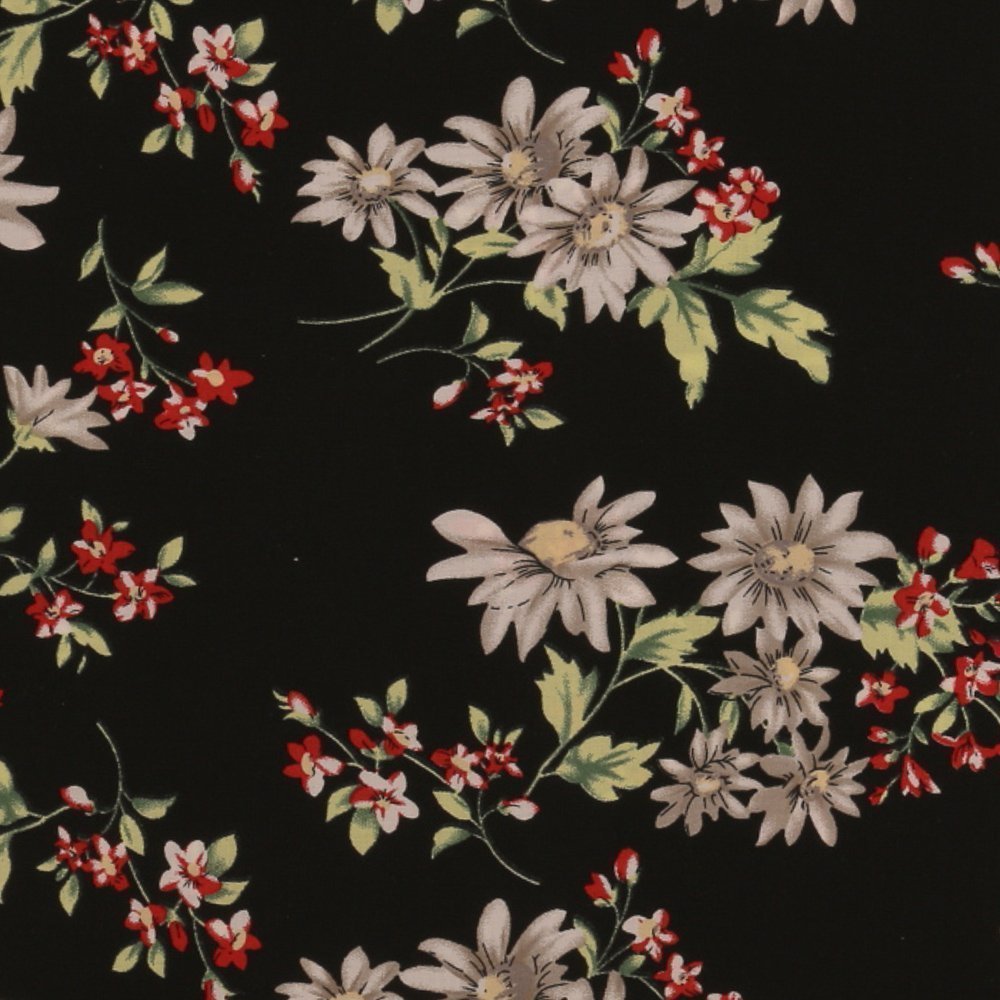Tissu Viscose Imprimé Fleurs Grises et Rouges sur fond Noir