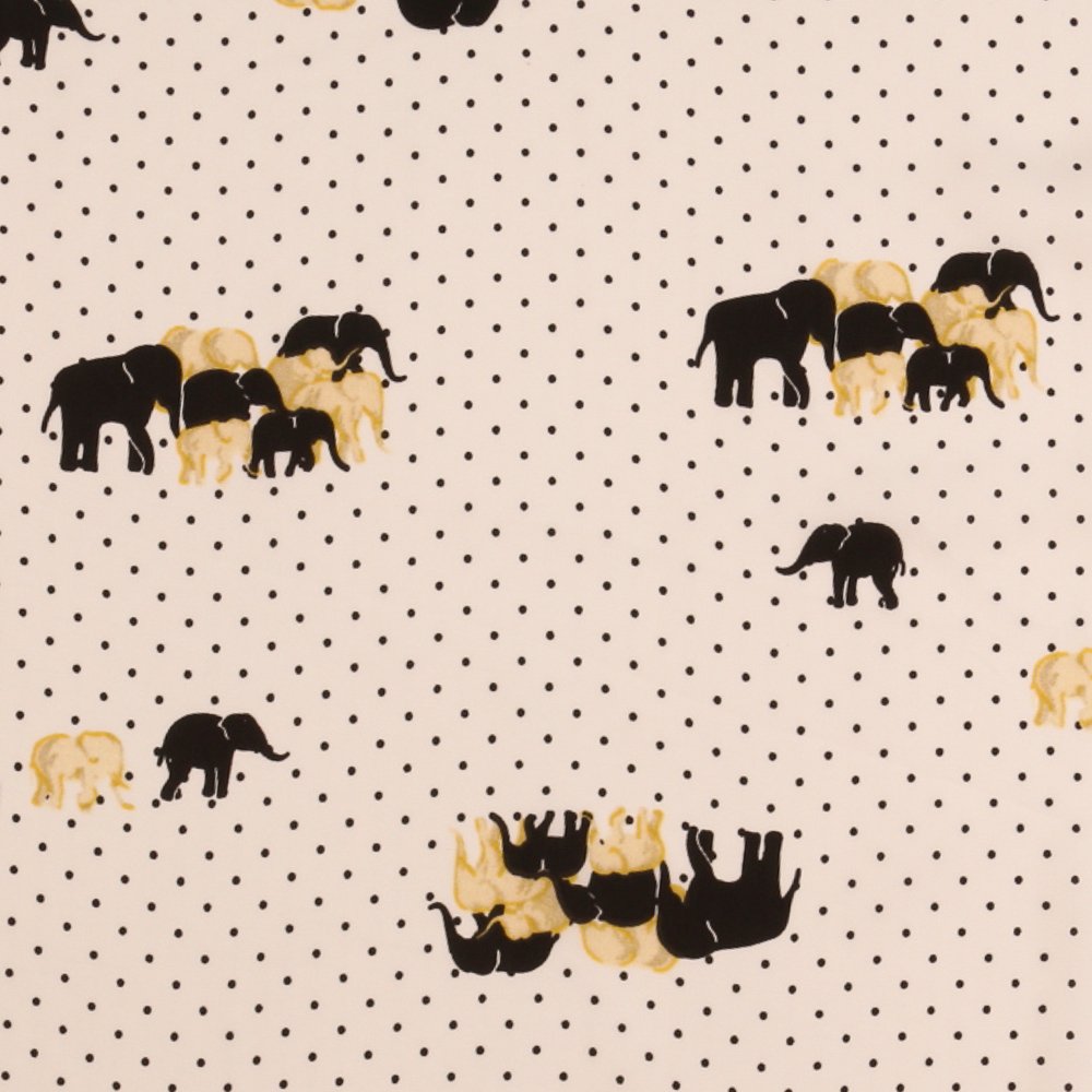 Tissu Satiné Petits Pois et Elephants Noirs et Jaunes sur fond Ecru