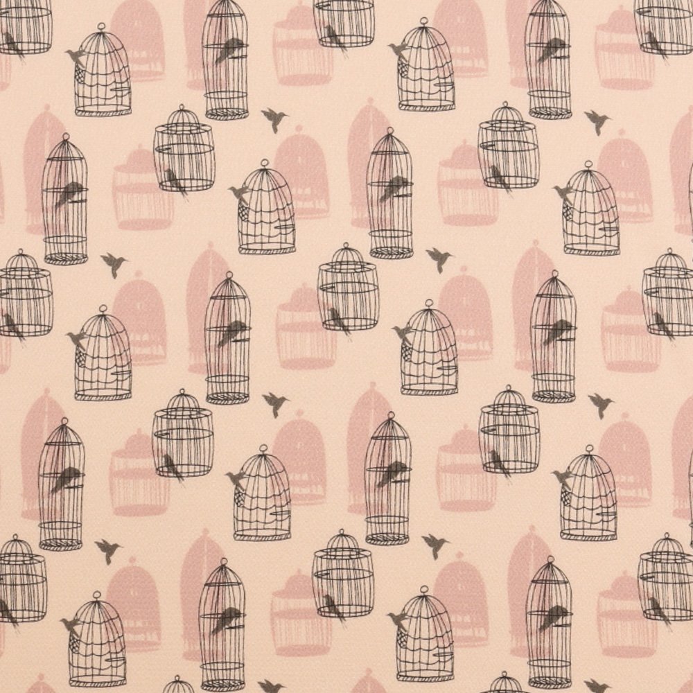 Tissu Mousseline Oiseaux en Cage Gris sur fond Ecru