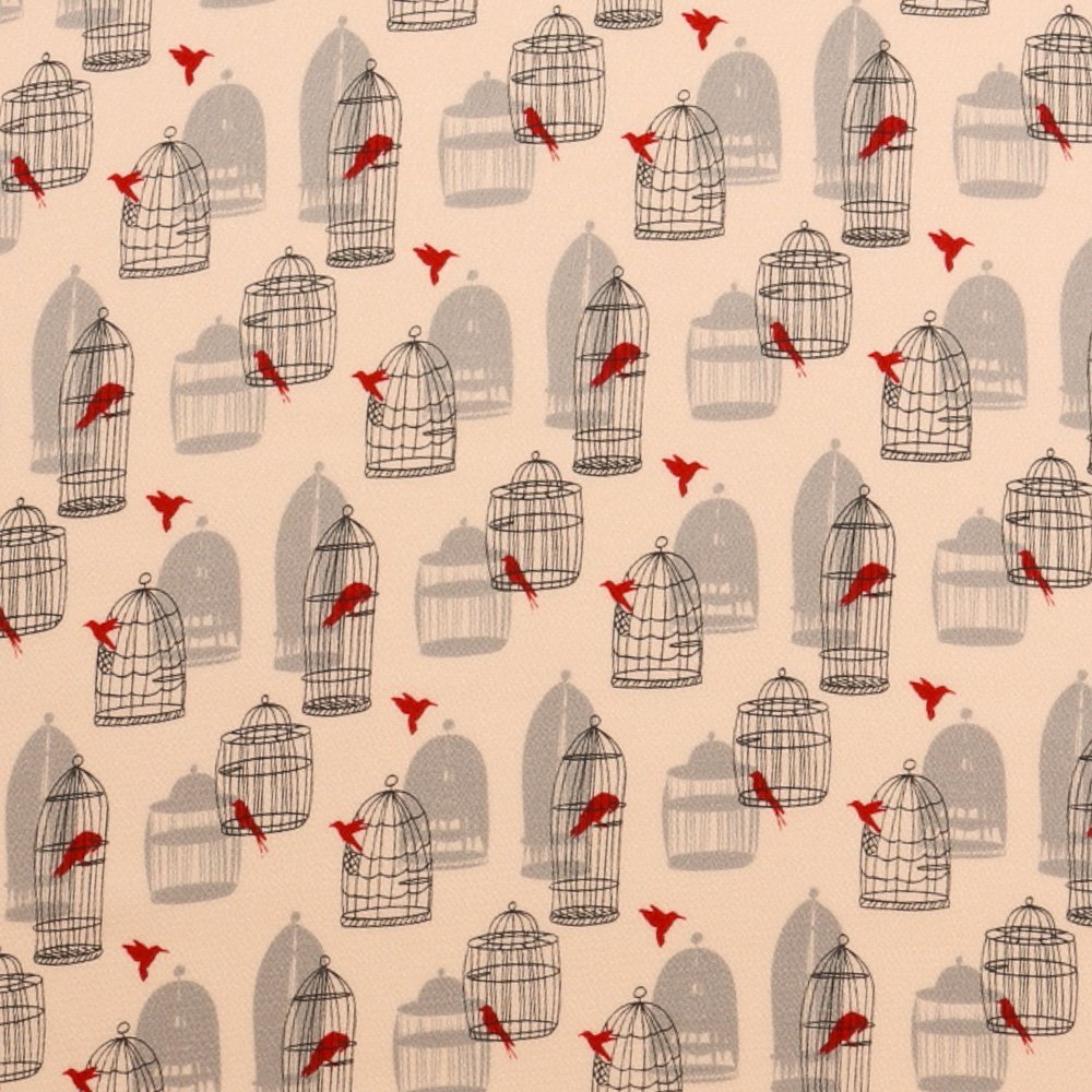Tissu Mousseline Oiseaux en Cage Rouges sur fond Ecru